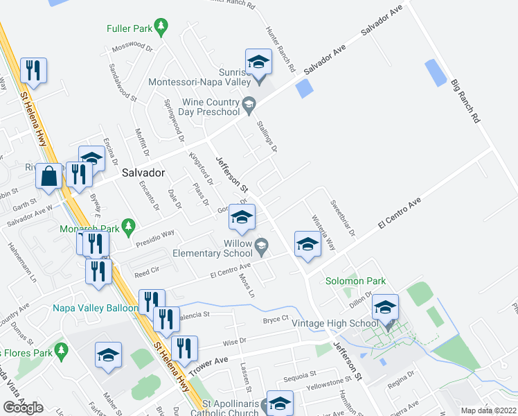 map of restaurants, bars, coffee shops, grocery stores, and more near 12 Joshua Court in Napa