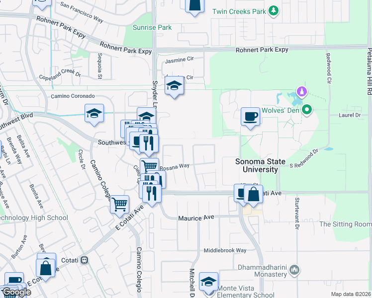 map of restaurants, bars, coffee shops, grocery stores, and more near 1320 Rosie Court in Rohnert Park