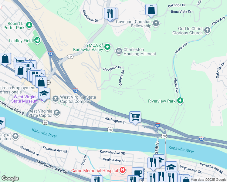 map of restaurants, bars, coffee shops, grocery stores, and more near 1 Hillcrest Drive in Charleston