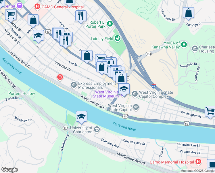 map of restaurants, bars, coffee shops, grocery stores, and more near 1621 Quarrier Street in Charleston