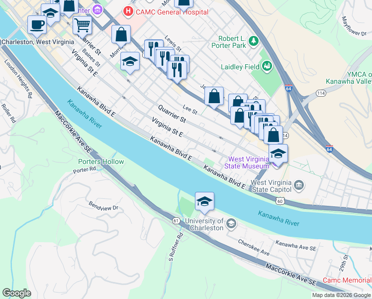 map of restaurants, bars, coffee shops, grocery stores, and more near 1541-1563 Kanawha Blvd E in Charleston