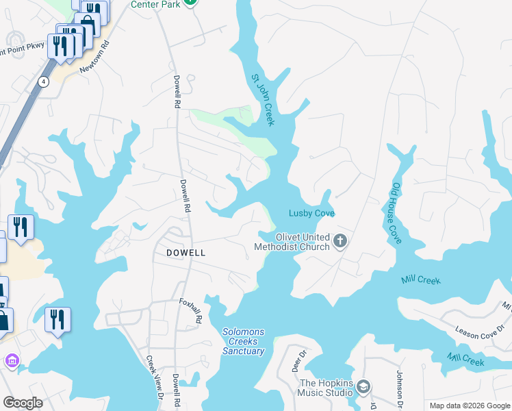 map of restaurants, bars, coffee shops, grocery stores, and more near 568 Rolling Hills Road in Calvert County