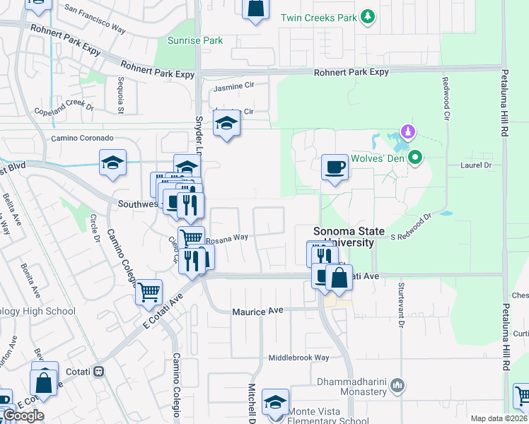 map of restaurants, bars, coffee shops, grocery stores, and more near 1462 Roman Drive in Rohnert Park