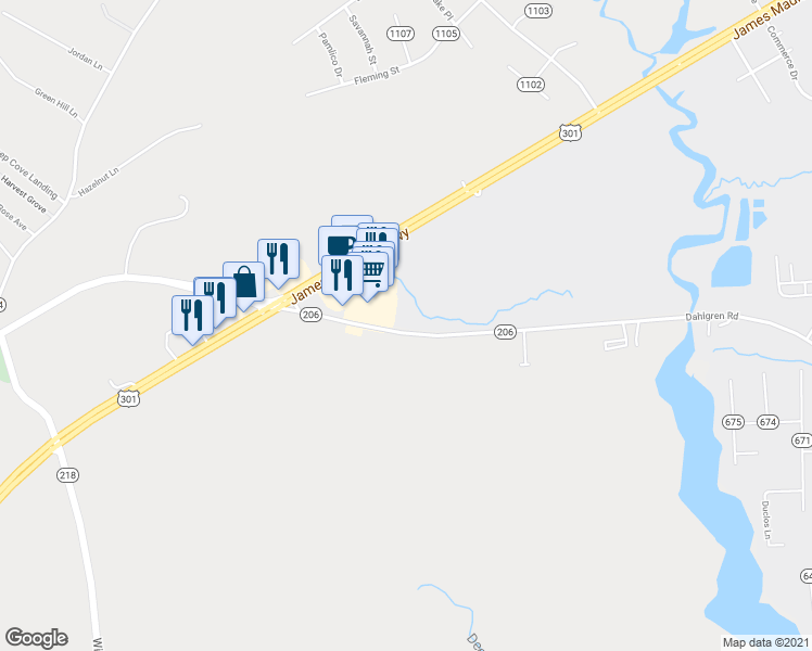 map of restaurants, bars, coffee shops, grocery stores, and more near 16003 Dahlgren Road in King George