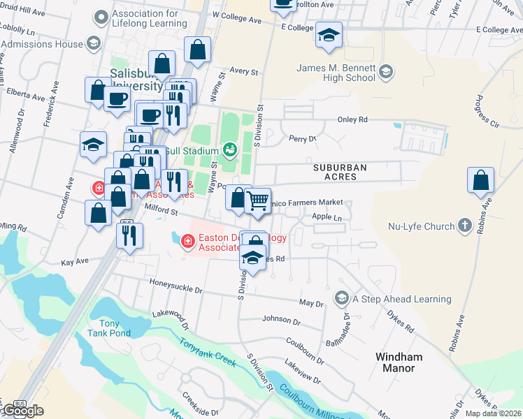 map of restaurants, bars, coffee shops, grocery stores, and more near 106 Wicomico Farmers Market in Salisbury