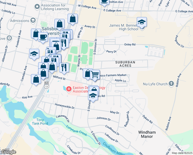 map of restaurants, bars, coffee shops, grocery stores, and more near 1305 South Division Street in Salisbury