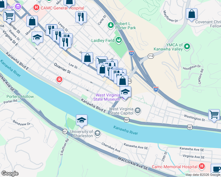 map of restaurants, bars, coffee shops, grocery stores, and more near 1621 Quarrier Street in Charleston