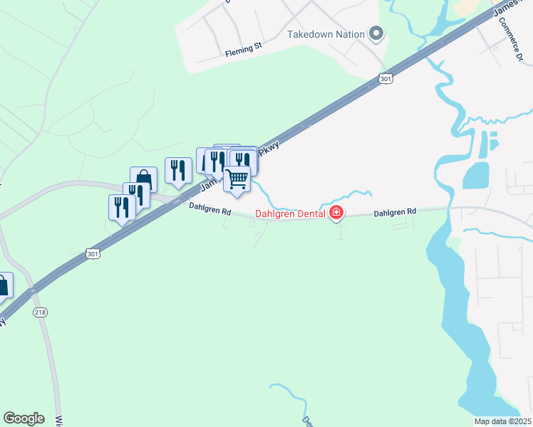 map of restaurants, bars, coffee shops, grocery stores, and more near 16003 Dahlgren Road in King George
