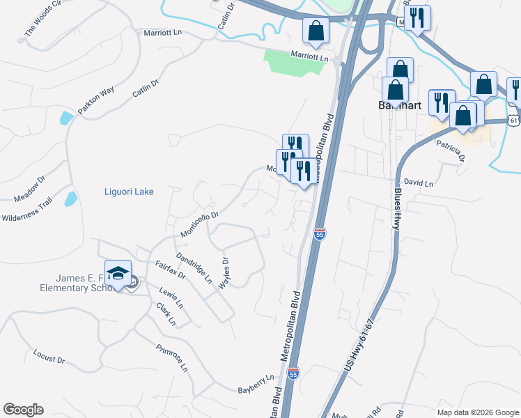 map of restaurants, bars, coffee shops, grocery stores, and more near 7066 Tuckahoe Court in Barnhart