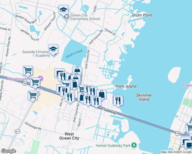 map of restaurants, bars, coffee shops, grocery stores, and more near 10050 Golf Course Road in Ocean City