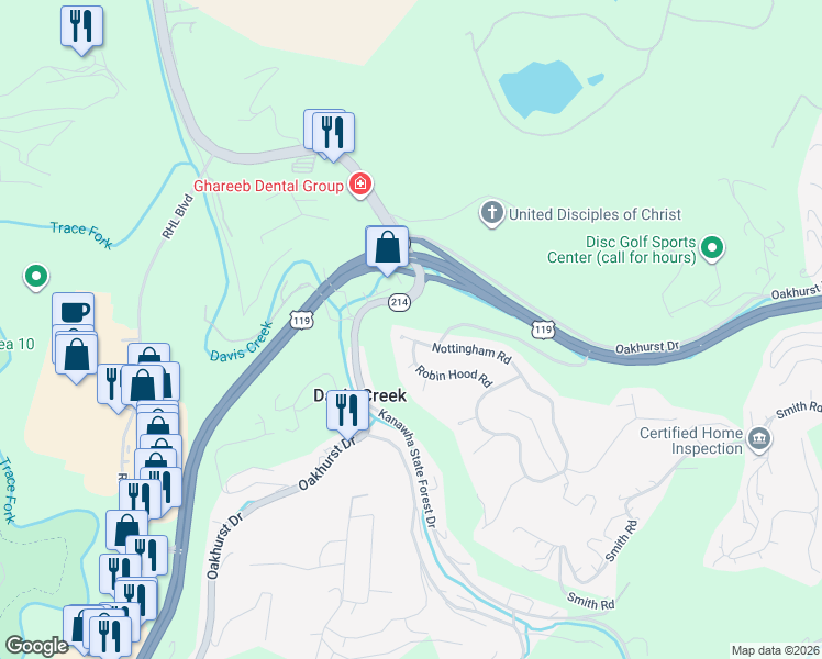map of restaurants, bars, coffee shops, grocery stores, and more near 1400-1412 Robin Hood Road in Charleston