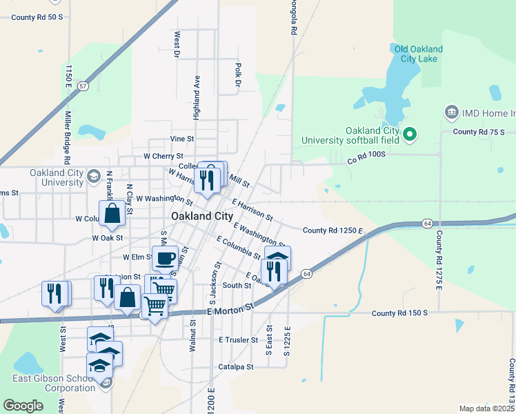 map of restaurants, bars, coffee shops, grocery stores, and more near 200-398 North Gibson Street in Oakland City