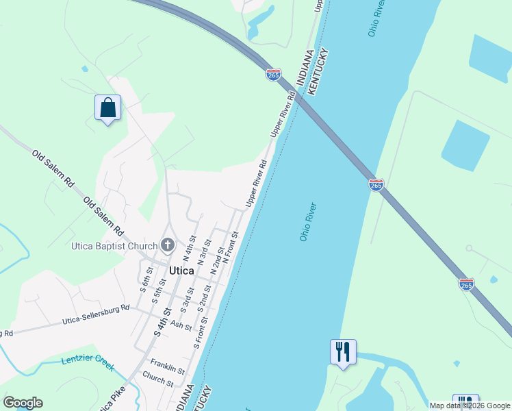 map of restaurants, bars, coffee shops, grocery stores, and more near 4713 Upper River Road in Jeffersonville