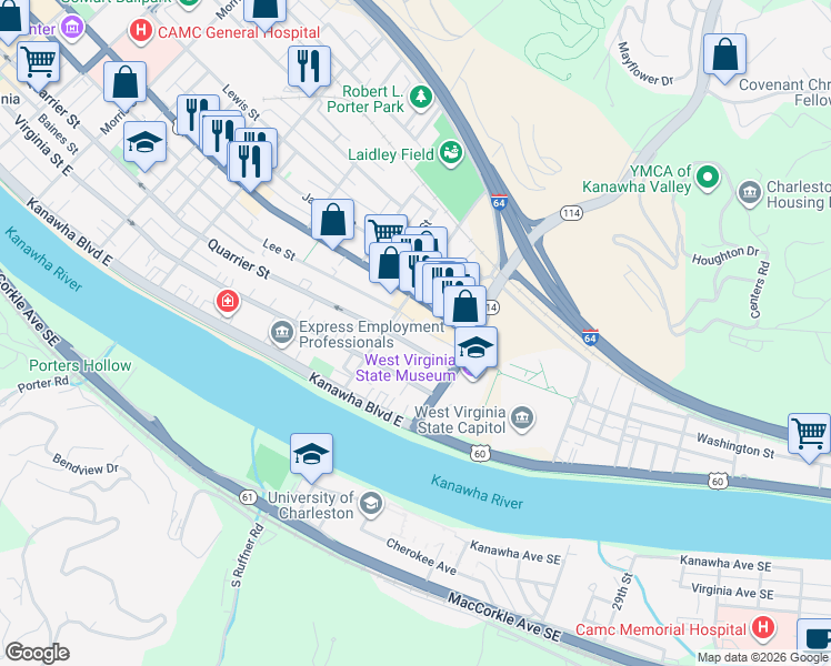 map of restaurants, bars, coffee shops, grocery stores, and more near 306 Elizabeth Street in Charleston