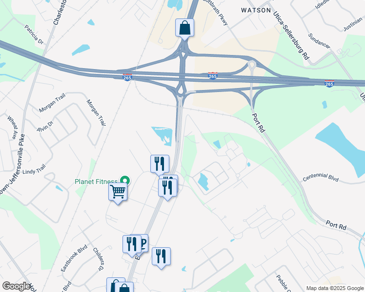 map of restaurants, bars, coffee shops, grocery stores, and more near Helen Road in Jeffersonville