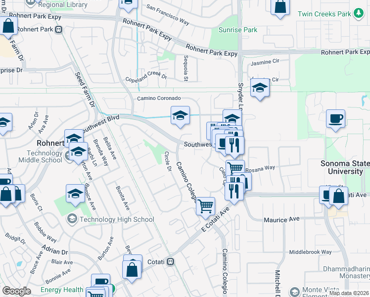 map of restaurants, bars, coffee shops, grocery stores, and more near 1348 Southwest Boulevard in Rohnert Park