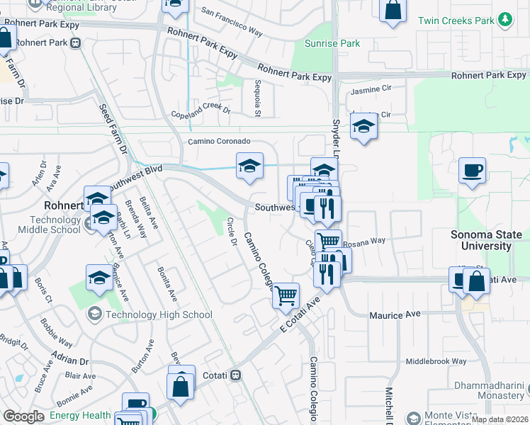 map of restaurants, bars, coffee shops, grocery stores, and more near 1348 Southwest Boulevard in Rohnert Park