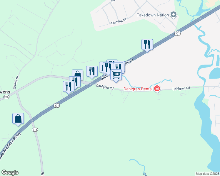 map of restaurants, bars, coffee shops, grocery stores, and more near 15429 Dahlgren Road in King George