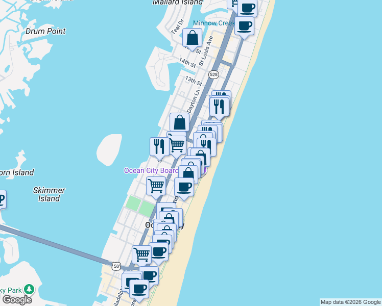 map of restaurants, bars, coffee shops, grocery stores, and more near 802 Wilmington Lane in Ocean City