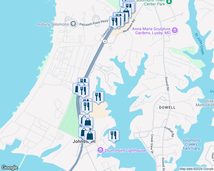 map of restaurants, bars, coffee shops, grocery stores, and more near 502 Runabout Loop in Solomons