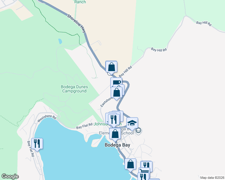 map of restaurants, bars, coffee shops, grocery stores, and more near 2001 California 1 in Bodega Bay