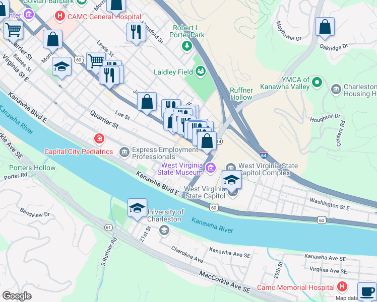 map of restaurants, bars, coffee shops, grocery stores, and more near 306 Elizabeth Street in Charleston