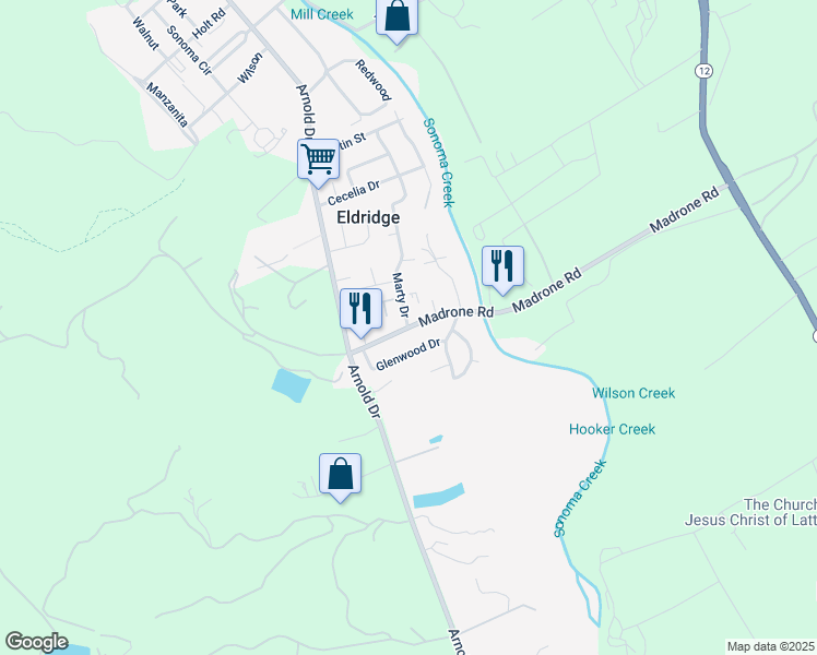 map of restaurants, bars, coffee shops, grocery stores, and more near 15499 Marty Drive in Glen Ellen