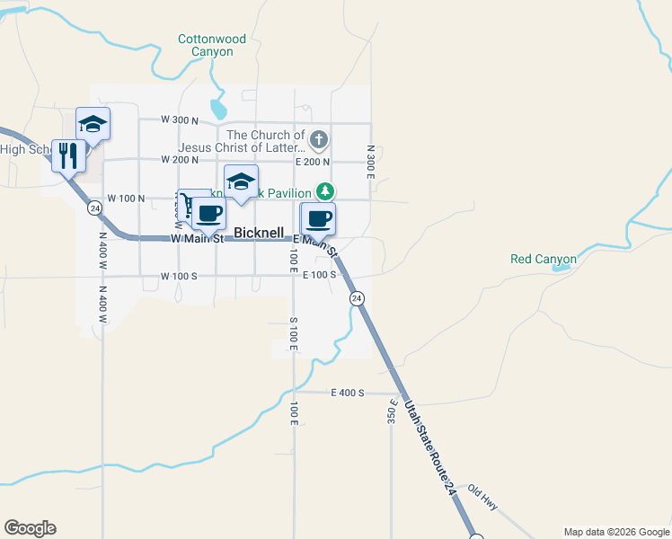 map of restaurants, bars, coffee shops, grocery stores, and more near 209 East 100 South in Bicknell
