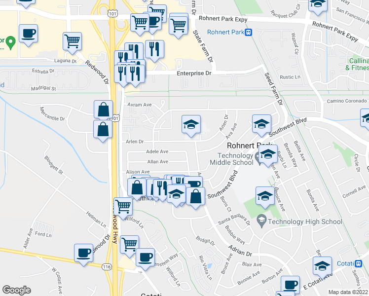 map of restaurants, bars, coffee shops, grocery stores, and more near 344 Adele Avenue in Rohnert Park