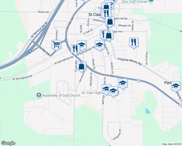map of restaurants, bars, coffee shops, grocery stores, and more near 1290 Michelle Drive in Saint Clair