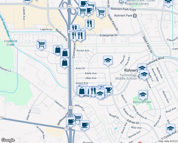 map of restaurants, bars, coffee shops, grocery stores, and more near 157 Santa Alicia Drive in Rohnert Park
