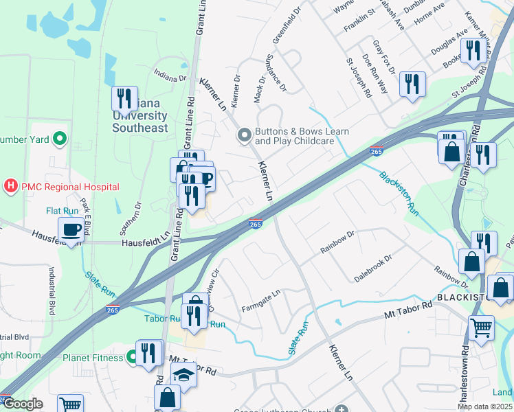 map of restaurants, bars, coffee shops, grocery stores, and more near 818 Hausfeldt Lane in New Albany