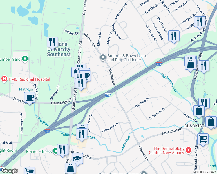 map of restaurants, bars, coffee shops, grocery stores, and more near 3931 Klerner Lane in New Albany