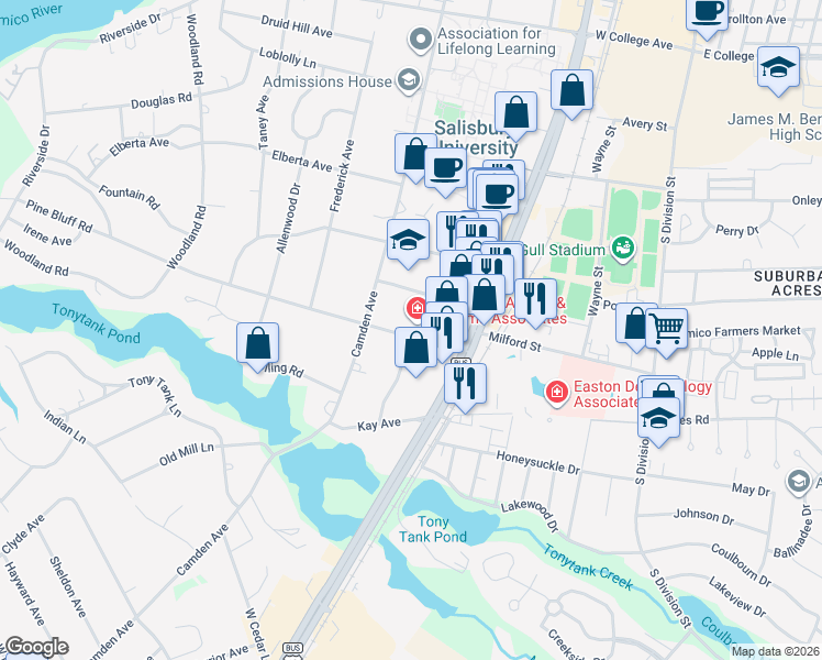 map of restaurants, bars, coffee shops, grocery stores, and more near 201 Pine Bluff Road in Salisbury