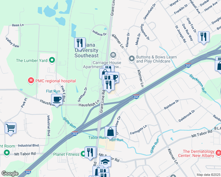 map of restaurants, bars, coffee shops, grocery stores, and more near 818 Hausfeldt Lane in New Albany