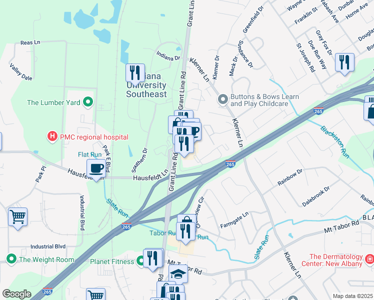 map of restaurants, bars, coffee shops, grocery stores, and more near 818 Hausfeldt Lane in New Albany