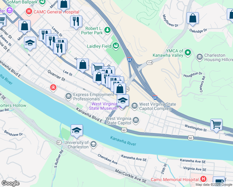 map of restaurants, bars, coffee shops, grocery stores, and more near 1626 Washington Street East in Charleston
