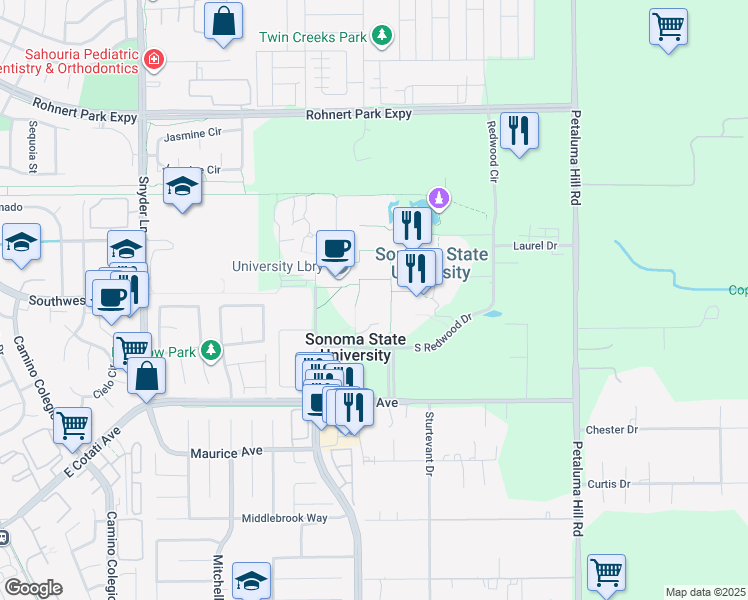 map of restaurants, bars, coffee shops, grocery stores, and more near 1801 East Cotati Avenue in Rohnert Park