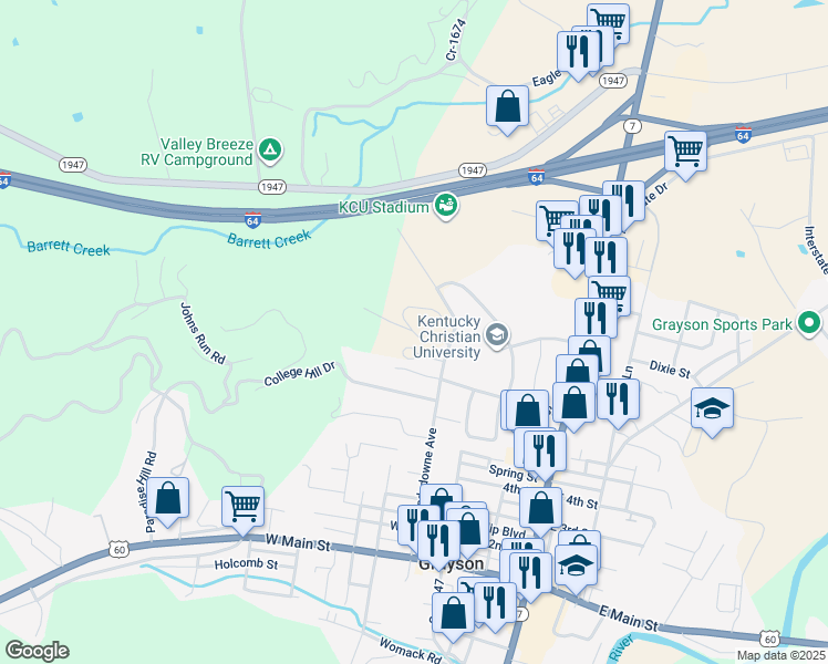map of restaurants, bars, coffee shops, grocery stores, and more near Cemetery Road in Grayson