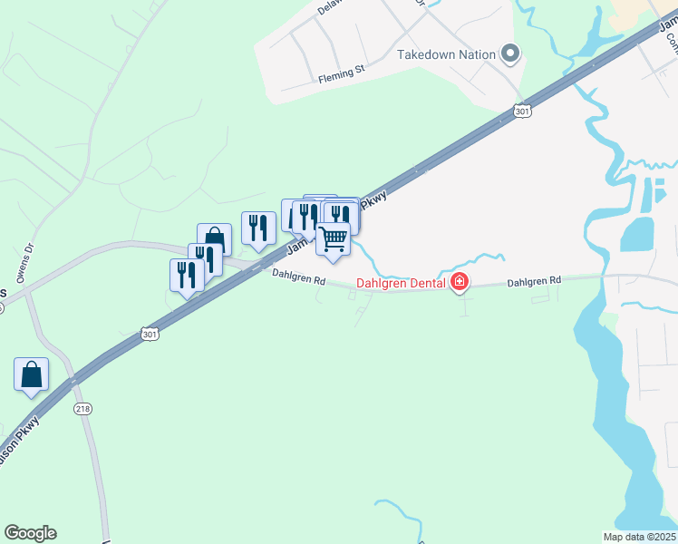 map of restaurants, bars, coffee shops, grocery stores, and more near 15429 Dahlgren Road in King George