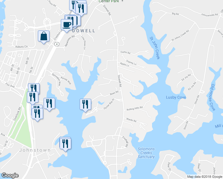 map of restaurants, bars, coffee shops, grocery stores, and more near 94 Bean Road in Solomons