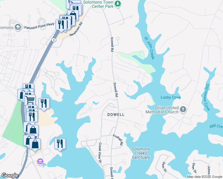 map of restaurants, bars, coffee shops, grocery stores, and more near Summer Place in Solomons