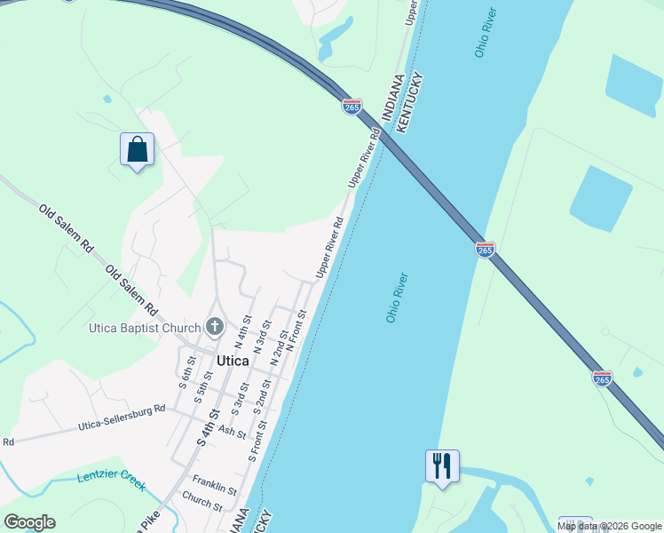 map of restaurants, bars, coffee shops, grocery stores, and more near 4713 Upper River Road in Jeffersonville