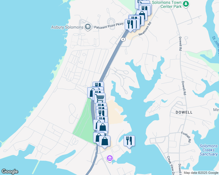 map of restaurants, bars, coffee shops, grocery stores, and more near 13750 Solomons Island Road in Solomons