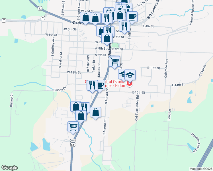 map of restaurants, bars, coffee shops, grocery stores, and more near 1328 S Aurora St in Eldon