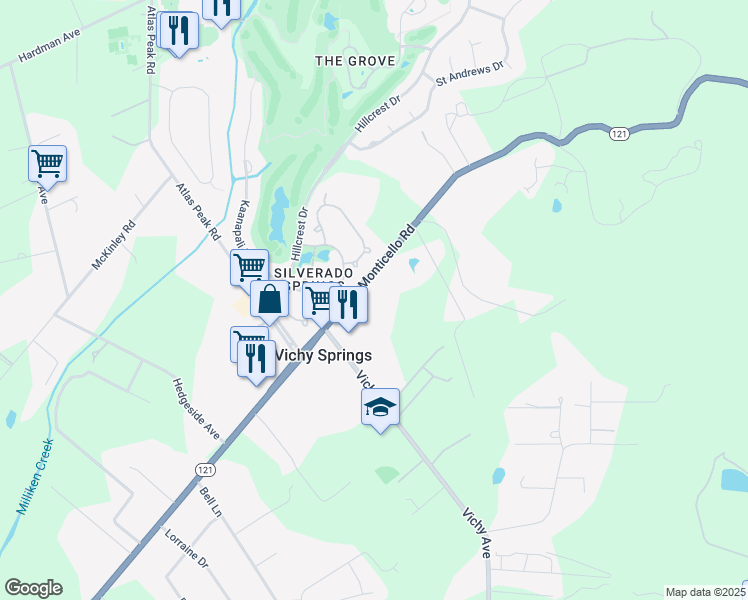 map of restaurants, bars, coffee shops, grocery stores, and more near 2061 Monticello Road in Napa