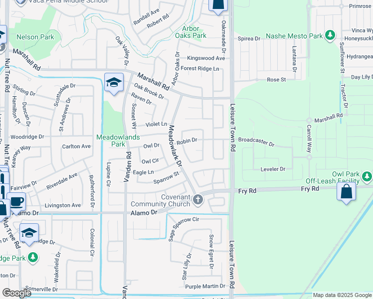 map of restaurants, bars, coffee shops, grocery stores, and more near 300 Robin Circle in Vacaville