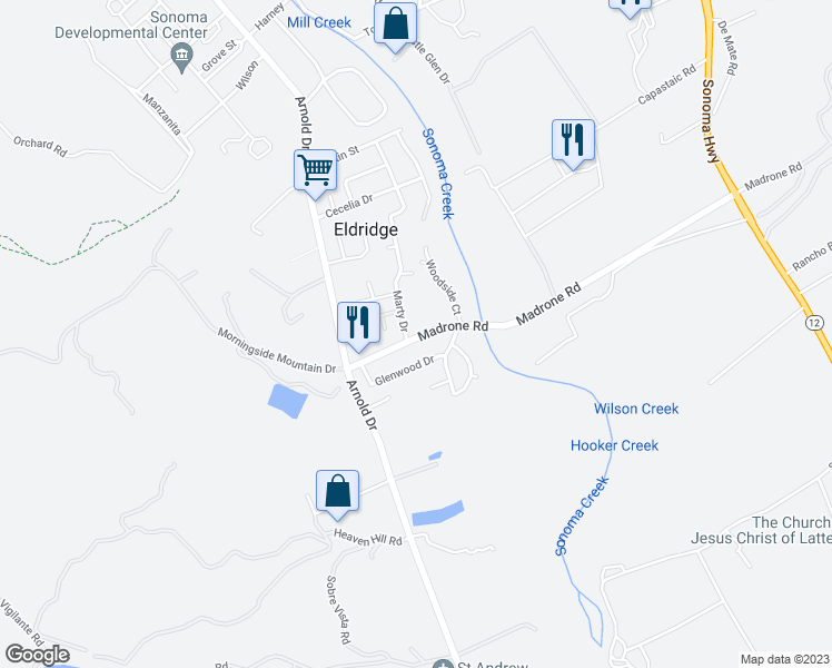 map of restaurants, bars, coffee shops, grocery stores, and more near 15483 Marty Drive in Glen Ellen