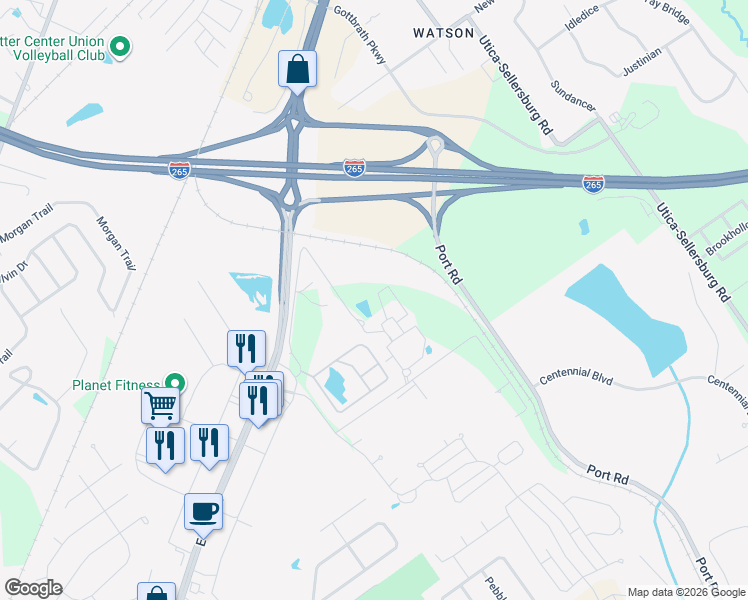 map of restaurants, bars, coffee shops, grocery stores, and more near 4101 Herb Lewis Road in Jeffersonville