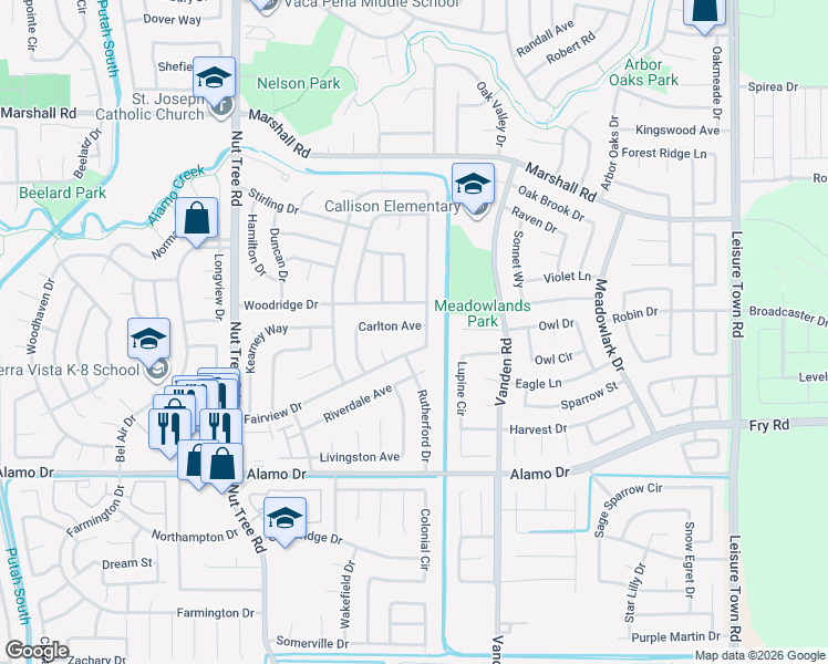 map of restaurants, bars, coffee shops, grocery stores, and more near 168 Carlton Avenue in Vacaville